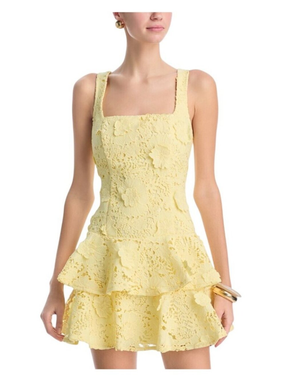 NWT Aqua Womens Lined Lace Tiered Mini Dress IDO14101 Yellow XS